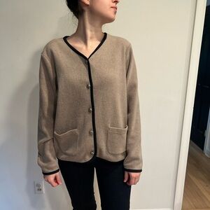 LL Bean Contrast Trim tan fleece cropped button down lady jacket sz M